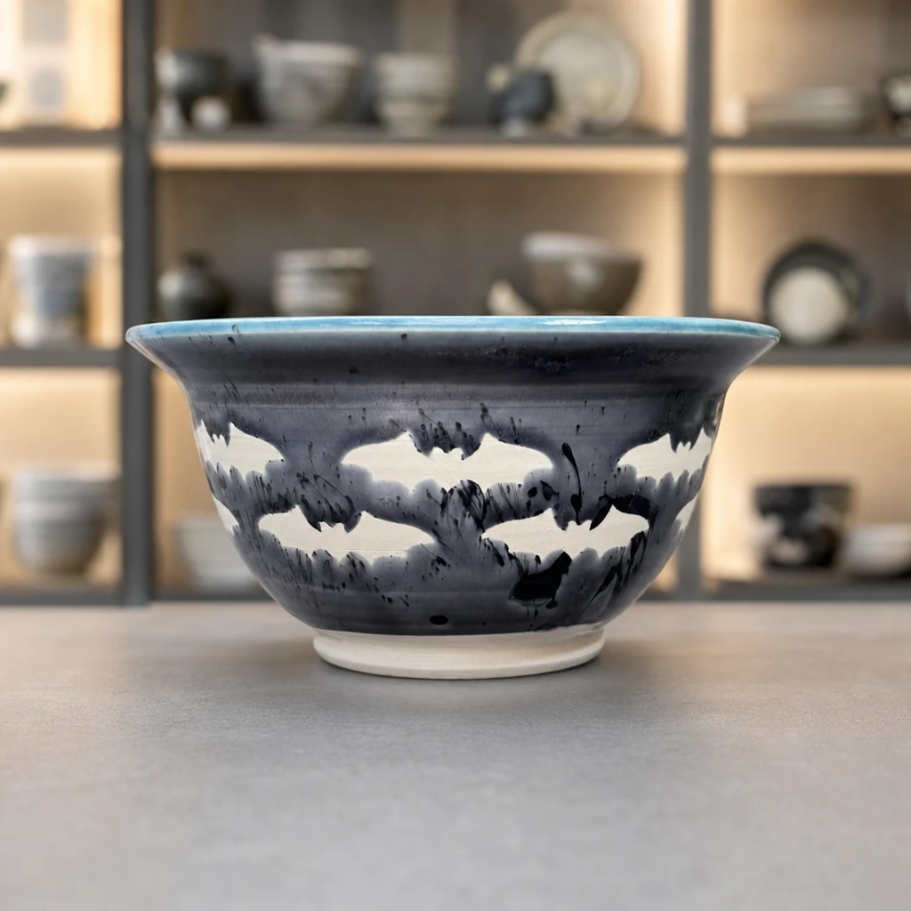 Bat Bowl with dark gray glaze, black splatter, bat shapes, and an ocean blue rim, in front of pottery shelves