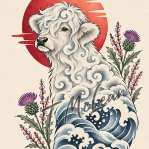 White Highland cow with blue waves, purple thistles and a red sun, signed T. McLean