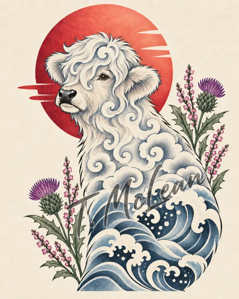 White Highland cow with blue waves, purple thistles and a red sun, signed T. McLean