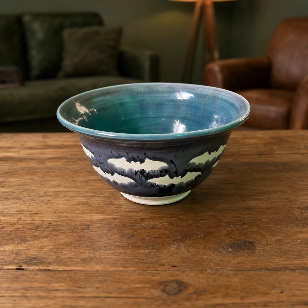 The same pottery bowl on a wooden table, showing its blue interior